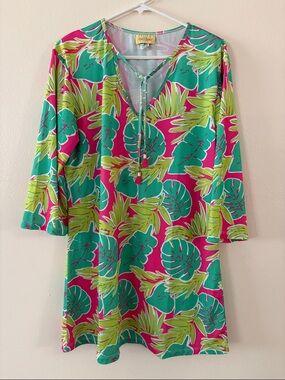 Women's Pink & Teal Tropical V-Neck Swim Coverup with Tie